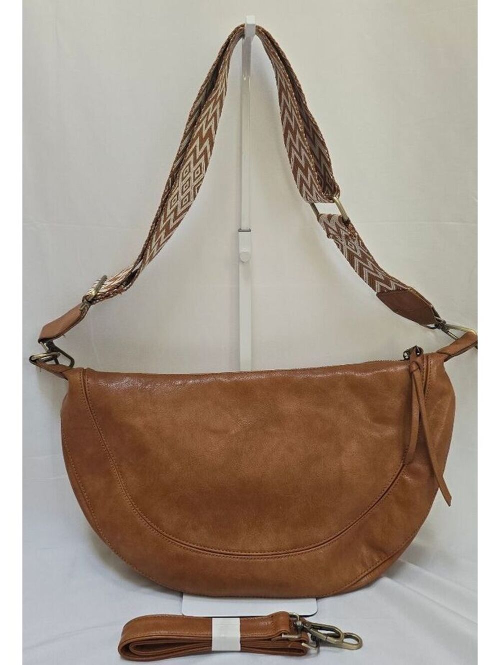 Brown Crescent Hobo Crossbody Bag Boho Wide Strap 2 Straps Vegan Leather